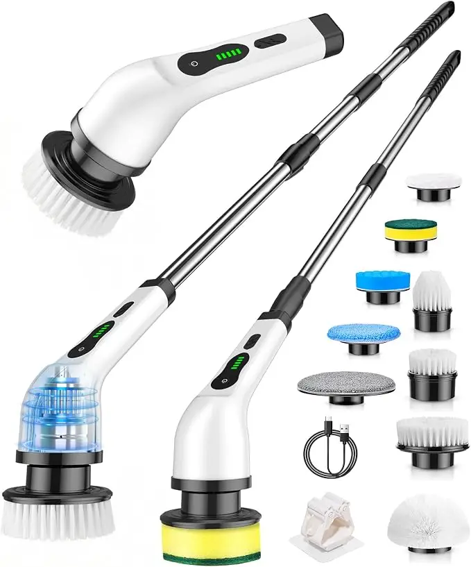 Cordless electric spin scrubber with 9 brush heads, extension handle