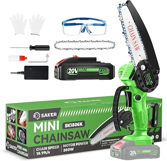 Saker Mini Chainsaw Cordless,6 Inch Battery Chainsaw Green Saker mini cordless chainsaw