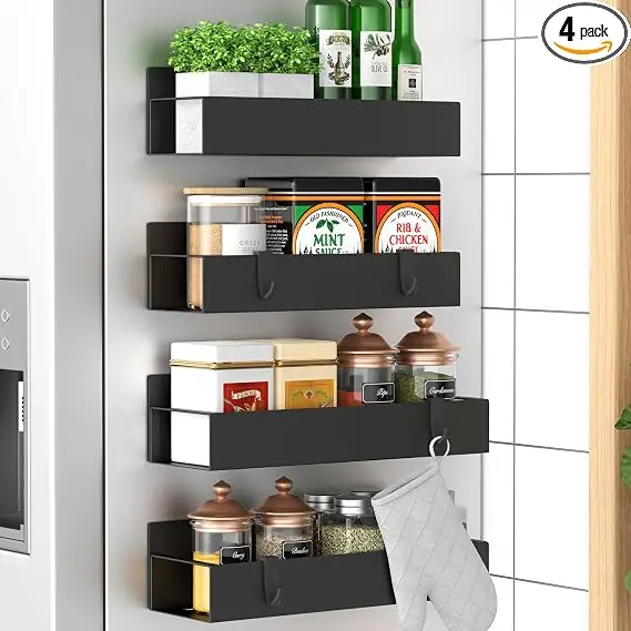HuggieGems metal magnetic spice rack for refrigerator, black, 4 pack