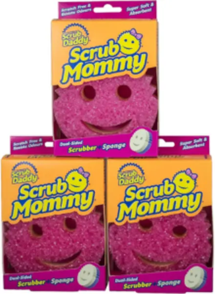 Scrub Daddy Scrub Mommy dual-sided cleaning sponges designed for tough scrubbing and gentle everyday cleaning on multiple household surfaces.